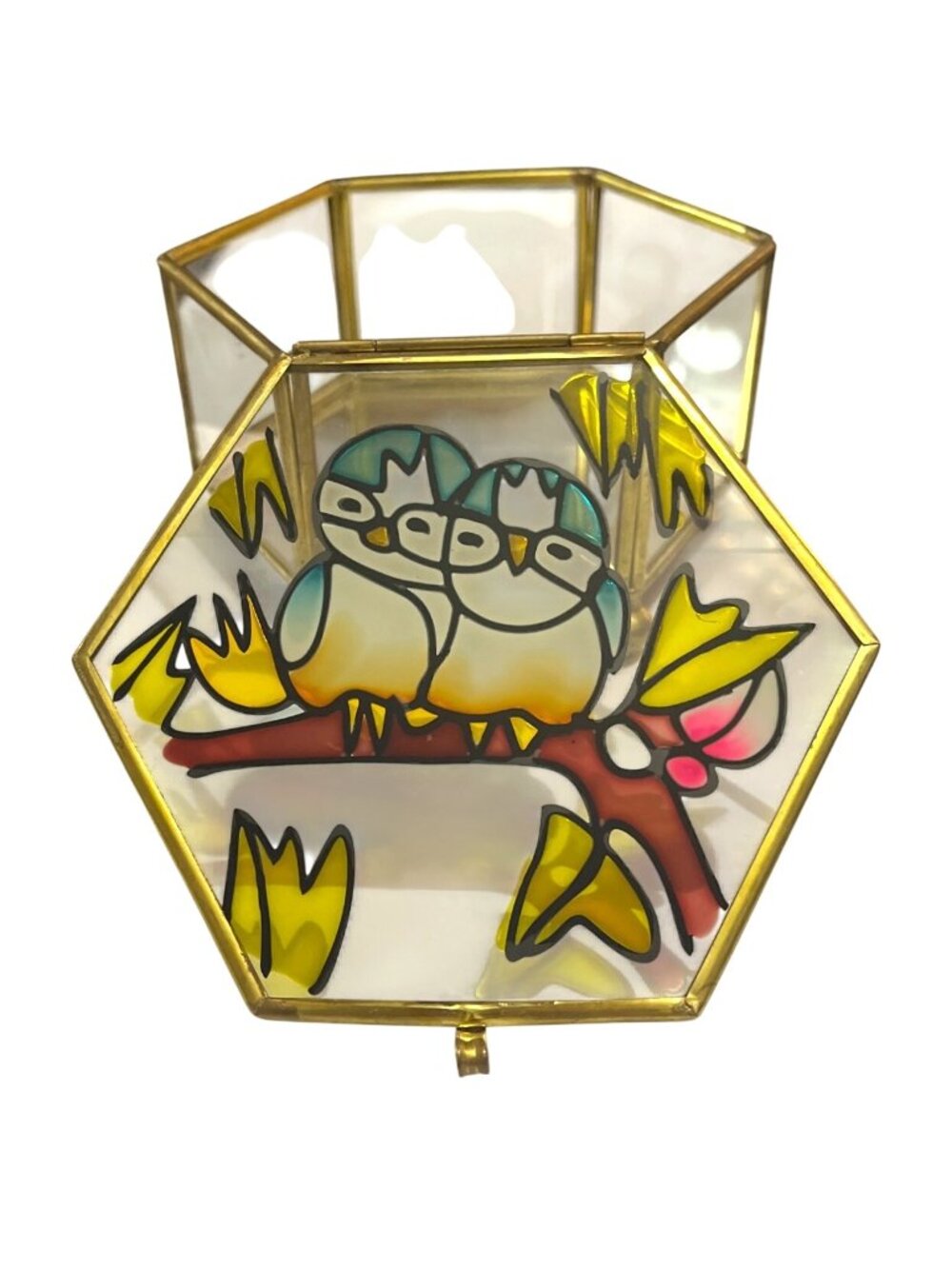 Hexagonal Stained Glass Jewelry Box With Owl Design & Brass Accents - Picture 3 of 7